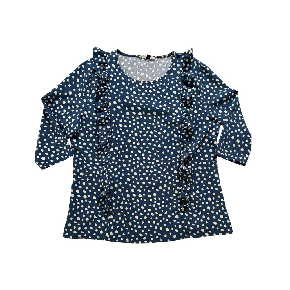 Michelle McDowell Polka Dot Ruffle Blouse Blue Womens Large 3/4 Sleeve